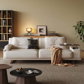 Modern minimalist folding sofa bed with reversible armrests and adjustable side table for versatile living spaces